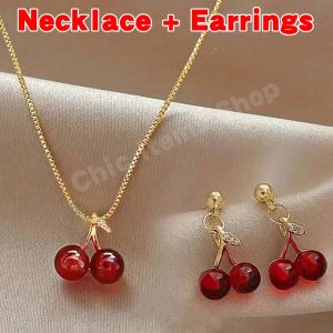 Red Cherry Garnet Necklace Earrings Women Unique Design Accessories New Trendy Choker For Christmas