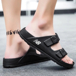 Sandal Pria Wanita Hitam Sandal Strap 2 Slip On Pylon Ringan Sandal Shoes Ringan Anti Slip Anti Air Size 36-44