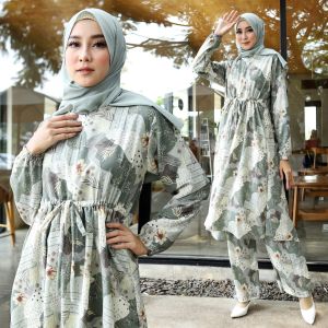Fya Shope -Stelan Baju Tunik & Celana Wanita Muslimah Blouse Lengan Panjang Fashionable Baju Mewah Elegant Baju Tunik Wanita Busui Set Daunpandan / Good Quality / Best Seller / Real Pict