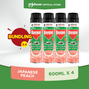 Baygon Aerosol Japanese Peach 600ml X4 - Anti Nyamuk & Serangga