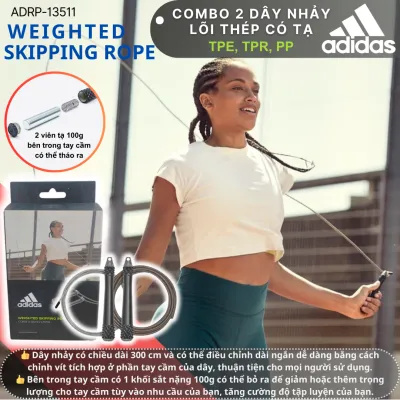 ADIDAS Dây Nhảy Lõi Thép Chính Hãng ADRP-13511 Combo 2 Sợi Tay Cầm Có Tạ 100g - Tay Cầm Điều Chỉnh Dễ Dàng Hàng Chính Hãng