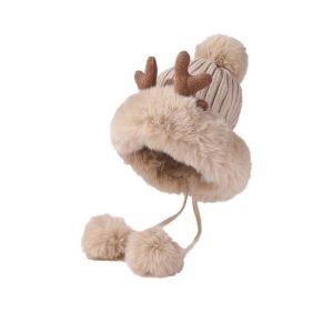 MZP Windproof Deer Antler Beanie Thickened Thermal Fleece Lined Hat Plush Pom Beanie Ribbed Warm Earflap Hat Cycling
