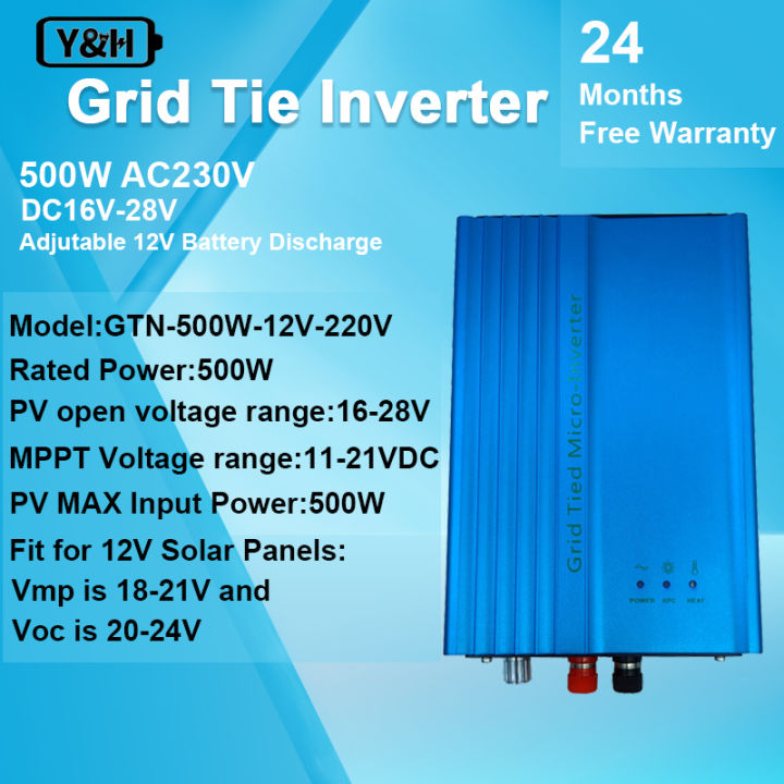 Y&H 500W Grid Tie Inverter DC16V-28V MPPT Pure Sine Wave AC230V Output for  12V Solar Panel,Adjutable 12V Battery Discharge