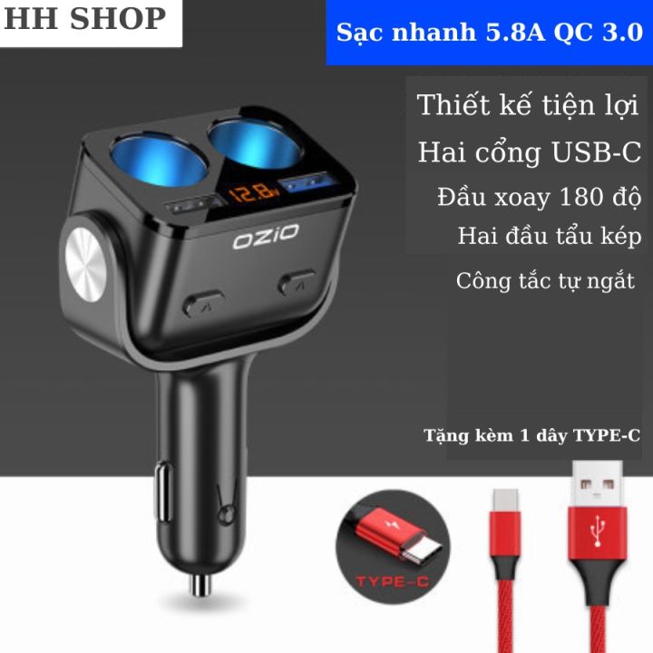 Tẩu chia sạc ô tô - Tẩu chia nguồn ô tô Cao Cấp 2 ổ - Kèm 2 Cổng USB hỗ ...