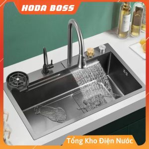 Chậu Rửa Bát 1 Hố Cao Cấp HODABOSS Hiển Thị Nhiệt Độ Bồn Rửa Bát 1 Ngăn INOX 304 mạ tĩnh điện Titan Kèm Vòi Thác