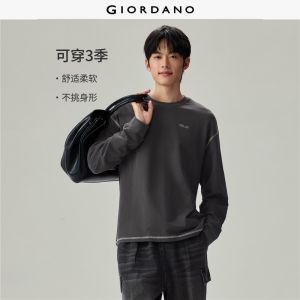 Giordano Beau Monde Men 100% cotton embroidery topstitch long sleeve tee Free Shipping 13026623