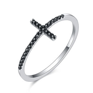 BAMOER Free Shpping Popular 925 Sterling Silver Faith Cross Shape Finger Rings for Women Black Clear CZ Sterling Silver Jewelry Gift SCR067
