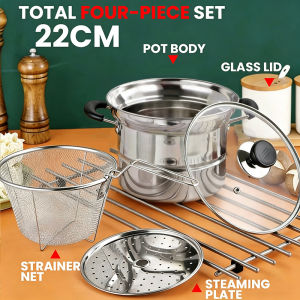 22cm Multifunction Stainless Steel Cooking Pot Steamer Deep Frying Pot with Strainer Basket 4pcs Set