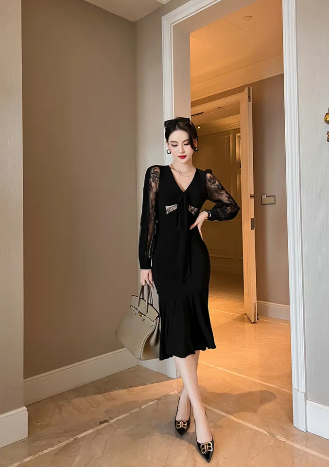 ZYHT Women's Black Lace Fishtail Dress Work Sexy Korean High Waist