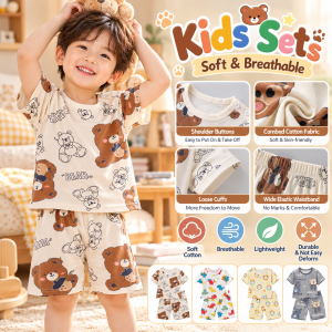 AILEBE Kids Sets Combed Cotton Soft Breathable Skin-Friendly Wide Elastic Waistband No Marks Shoulder Buttons 3D Cut Summer Casual OOTD Daily Wear 0-6 Years