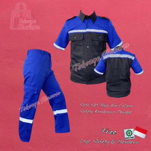 Wearpack Atasan / Kemeja Safety Hitam Kombinasi Benhur / Wearpack Safety k3 Murah / Seragam Proyek / Pakaian Safety free logo k3 dan bendera merah putih