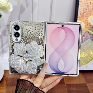 Rhinestone Gradient Pink Flower Phone Case For Samsung Galaxy Z Fold 8 Ultra 8/7/6 3D Bling Crystal Floral Protective Cover Shockproof Hard Casing For Girl Women