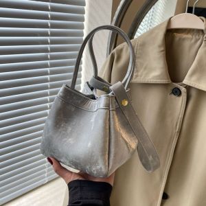 NHSFUZXX     Pure Color PU Leather Bucket Bag Large Capacity Chinese Style Vegetable Basket Bag Portable Purse Shoulder Bag Outdoor