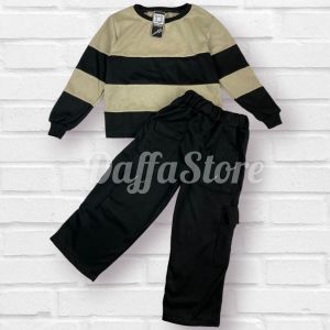 Baju Setelan Sweater Crop Celana Kargo Anak Perempuan 1-7 Tahun - Model Baju Terbaru Strip Salur Wanita - Stelan Switer Lucu Terlaris Cewek