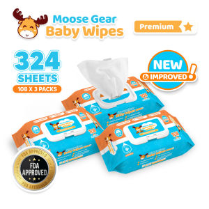 Moose Gear Baby Wipes Premium Powder Scent 324sheets 3PACKS w/ Vitamin E & Aloe Extract Thick & Soft