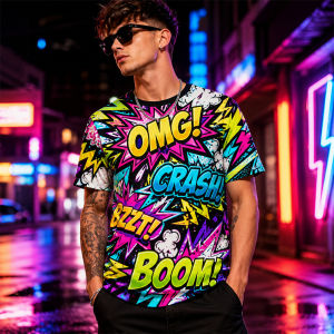 [Local Stock] HBESTY  Comic Graphic Print T Shirt For Men Short Sleeve Leisure Streetwear Colorful Pop Art Design Hip Hop Street New Trend Tee Top
