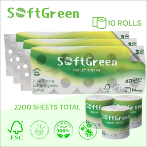 SoftGreen 4D ARTO Embossed 140g/Roll 3Ply Toilet Paper 10Rolls 2200Sheets FSC Certified 100% Natural Premium Virgin Wood Pulp
