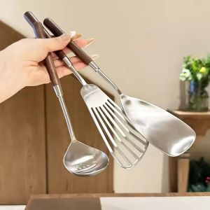 3Pcs Walnut Long Handle Kitchen Cooking Utensils Stainless Steel Shovel Soup Spoon Spatula Set Frying Pan Scoop Spatula Cooking Tools