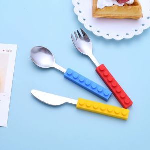 Childrens cutlery knife fork and spoon set toddler creative building block toys cutlery set