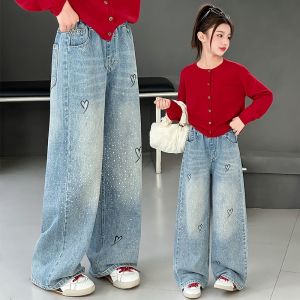 【New Trend】 Denim Jeans for Kids Girl High Waist Wide-leg Hotfix Rhinestone Maong Pants Comfortable Trousers 7-16yrs