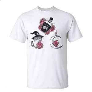 [Local Stock] HBESTY  Wicked Magic Witch Cat Crystal Moon Floral Graphic Men Summer Cotton T Shirt Dark Fantasy Witchy Short Sleeve Daily Top
