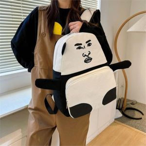 KUIBIW จุได้มาก กระเป๋าเป้มีมแพนด้า ผ้าใบแคนวาส สีดำสีขาว กระเป๋าเป้นักเรียน สร้างสรรค์และสร้างสรรค์ การเดินทางการเดินทาง กระเป๋าโรงเรียนกระเป๋า สำหรับผู้หญิง