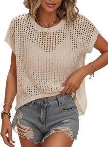 Womens Summer Crochet Top Hollow Out Cap Sleeve Blouse Vest Pullover Sweater Beach Vacation Outfit