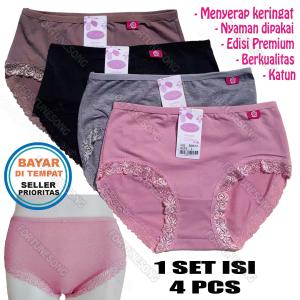 4 Pcs Celana Dalam Wanita Renda Katun (L XL XXL dan XXXL) - Hitam Abu Coklat dan Pink