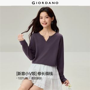 Giordano Beau Monde Women 100% cotton notch neck long sleeve tee Free Shipping 13326609