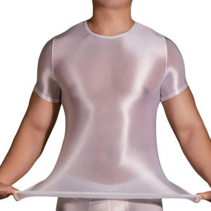 ท็อปเสื้อยืดผู้ชายแบบโปร่งใสผิวมันเงา สำหรับผู้ชาย ทรงเข้ารูป บาง ยืดหยุ่นสูง คอวี แขนสั้น