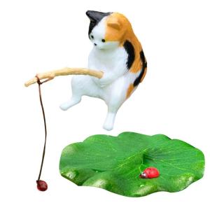 Resins Fish Tanks Figurine Set Detailed Fishing Cats and Leaf Ladybird Ornaments Decors for Personalizing Home Accent
