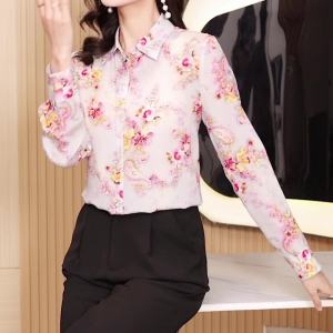 AMMIN เสื้อหวานๆแฟชั่นคอปกแบบเรียบง่ายสำหรับฤดูใบไม้ผลิและฤดูใบไม้ร่วง Sablon Bunga สดใสเสื้อเบลาส์แขนยาวกระดุมแถวเดียวสไตล์เกาหลีหรูหรา