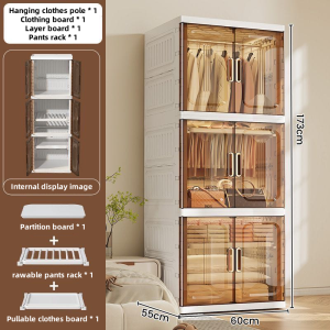 Ainossi Double door closet Storage Box Organizer Folding Plastic Clothes Cabinet Wardrobe With Wheels Household simple Hanging wardrobe