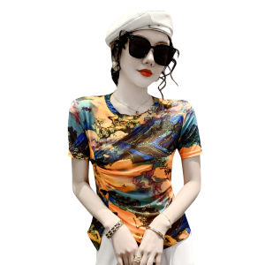 REHIN Womens T-shirt Retro trend style yellow mesh elegant fashion irregular printed short-sleeved shirt round neck tops