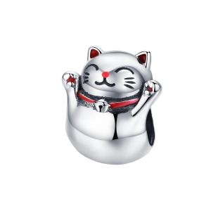 BAMOER 925 Silver Cat Charm Lucky Guardian Maneki Neko Metal Beads for Women Charm Bracelets Bangles DIY Jewelry SCC1178