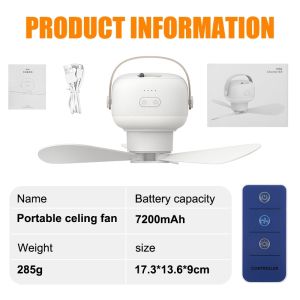 Ceiling Fan with Light Electric Fan Rechargeable Portable Outdoor Lamp Fan Household Hanging Fan with Remote Control