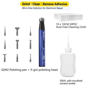 MECHANIC GDR2 Electric Polishing Pen Kit with CL51 Solvent Bottle and HK5090 Dust-Free Cloth for Phone PCB IC Repair and Cleaning.
