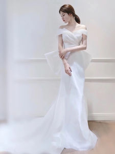 Glary Star ชุดแต่งงานผ้าซาตินสีขาวกระโปรงนางเงือกเรโทรชุดแต่งงานหลัก