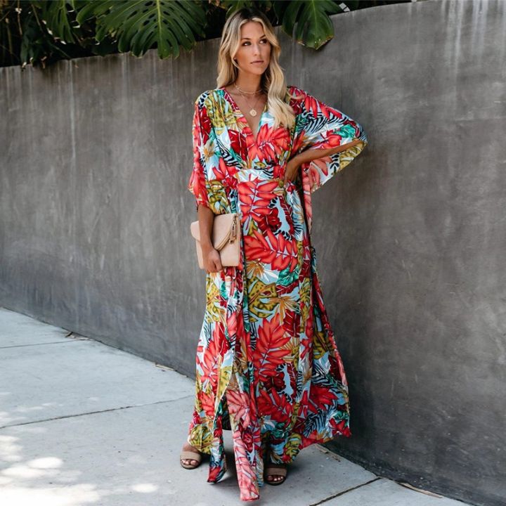 Flower Maxi Dress Women's Colorful Vivid Tropical Garden A-Line