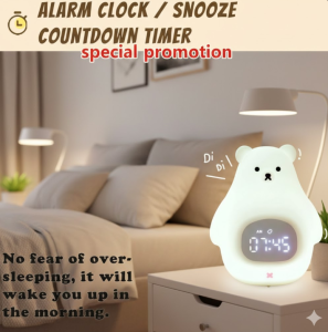 [SG Stock] Cute Bear 3-in-1 Night Light Alarm Clock | Soft BPA-Free Silicone Kids Sleep Trainer | Dimmable Nursery Lamp | 1200mAh USB Rechargeable Bedside Light