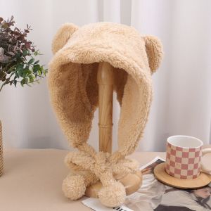 Kawaii Plush Bear Ear Hat Winter Cartoon Warm Windproof Thickened Ear Protection Beanies Women Girl Lamb Fleece Cap