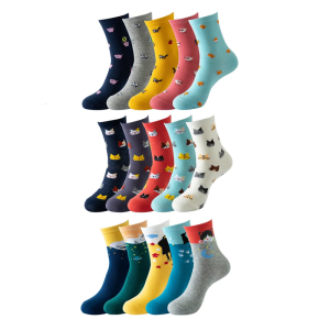 5 Pairs Womens Cute Animal Patterned Socks Medium Length Elastic Comfortable Cotton Middle Calf Socks for Casual Party