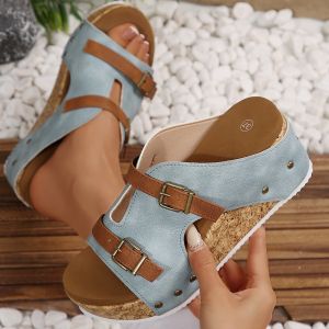 [Free Shipping] WomenS Plus-Size Studded Sandals New Style With A Fish-Mouth Design Wedge Heel And Thick Sole Size 43