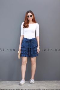 กางเกงผ้ายีนส์ฟอกทรงขาสั้นระบายชั้น กางเกงขาสั้นหญิง กางเกงขาสั้นแต่งระบาย กางเกงยีนส์ขาสั้นผู้หญิง ขาสั้นแต่งระบายชั้นผ้ายีนส์