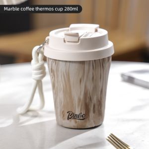 BINCOO Coffee Thermal Flask Wood-grain Inner-coated Ceramic Stainless Steel Water Bottle Portable for Outdoor Car Use 280ML/500ML