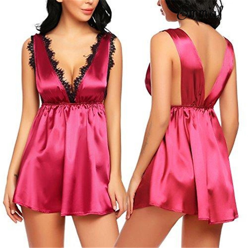 Satin Dress Underwear Plus Size Lace gerie Sexy V neck Black Red Nightdress Robes Pamas S 3xl{Womens Shoes and Clothing Women Clothing&lt;gerie, Sleep & Lounge &lt; Panties}. 