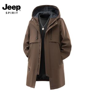 JEEP SPIRIT Men Hooded Jacket Windbreaker Drawstring Long Parka Autumn Cargo Casual Trench Coat