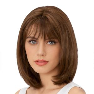 Onpep Bob Wig with Bangs Brown Highlight Short Straight Natural Looking Wigs for Women Shoulder Length Heat Resistant Synthetic Blonde Wigs