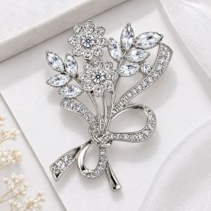 Crystal Wheat Floral Bouquet Brooch Rhinestone Flower Leaf Bow Design Anti Exposure Clothing Pin Elegant Accessory for Women
