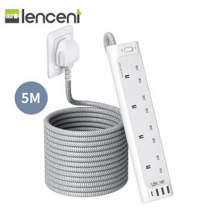 LENCENT 8 in 1 Power Strip 4 Way Outlets with 3 USB Ports 1 Type C Port Multi Plug Charging Station with 5M Braided Extension cord for Home Office 3250W Extension Lead